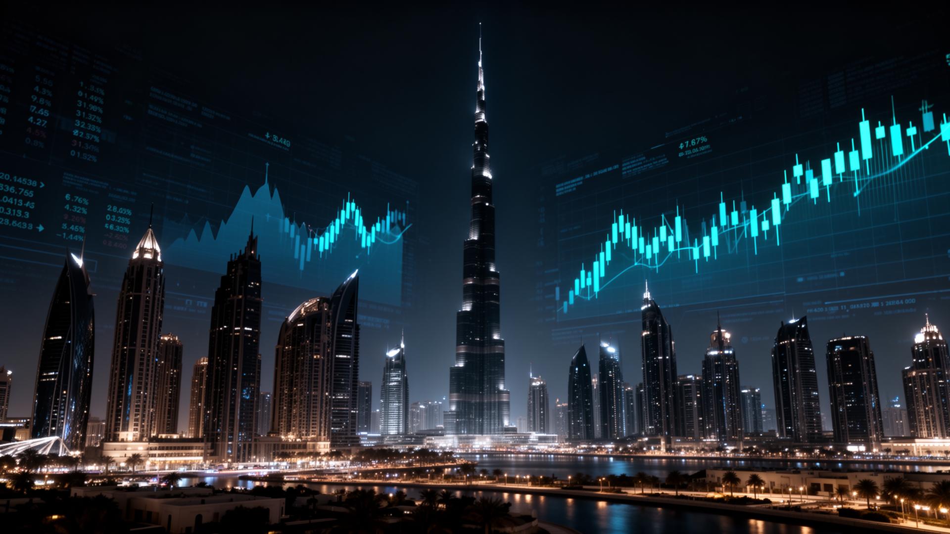 Dubai skyline with global financial trading charts